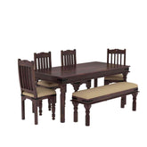 Ajmer Solid Sheesham Wood 6 Seater Dining Set With Bench (With Cushion, Walnut Finish)